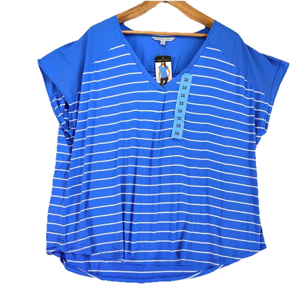 NWT Adrienne Vittadini Women's Blue Short sleeve blouse 3x Striped Top Plus Size